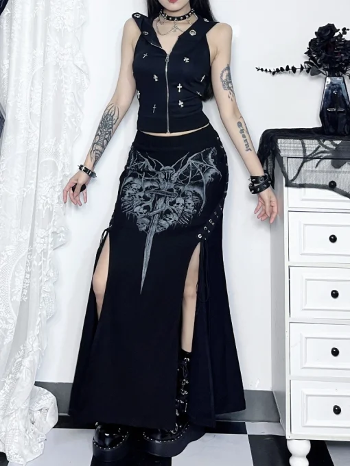 kf S6872d6588dab4986862e6050a8bb2c37d Vintage Print High Waist Mermaid Maxi Skirt Gothic Long Skirts Gothic Print Sexy High slit Skirt