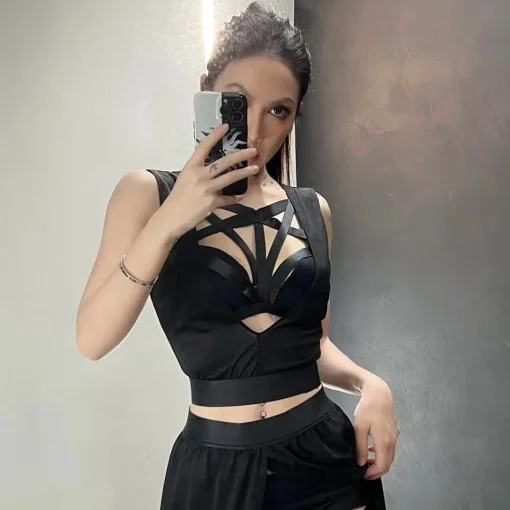 kf S68b85eb6657d48eeadad98f54c7efa3d2 Goth Club Mesh Sexy Summer Corsets Skirt Set Women Sleeveless Black Crop Bra Top Bandage Underpants