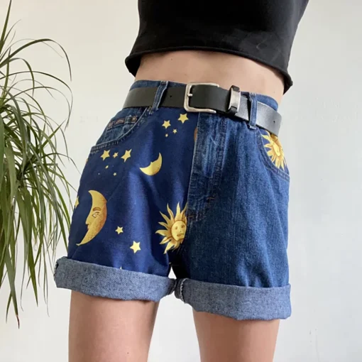 kf S68f62e4df1c746bcac4a716d5376aa7cR Fashion Moon Sun Print Loose Fit Denim Shorts Summer New Women Streetwear Short Pants Ins Style