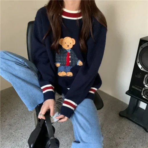 Youthful Women's Knit Pullover with Bear Embroidery | Autumn-Winter Loose Fit Sweater - Image 5