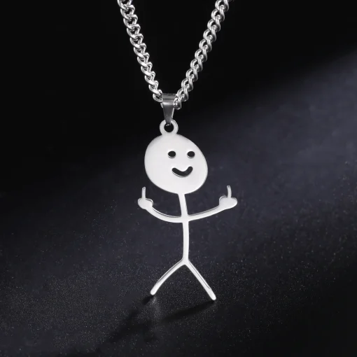 Skyrim Hip Hop Fuxk You Doodle Necklace for Men Women Stainless Steel Long Neck Chain Fashion Middle Finger Stickman Jewelry New