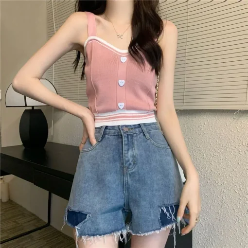 kf S6a1d25ced8b34053aff8406dbfa8b492Y Tank Tops Women Summer Fashion 2023 Y2K Cute Korean Knitted Love Button Tight Casual Vest Blue