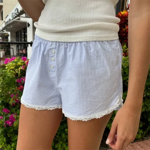 kf S6ad44475f1404e089d64d15e47587f07A Women Y2K Stripe Buttons Women s Button Front Shorts Casual Elastic Waist Lace Trim Striped Print