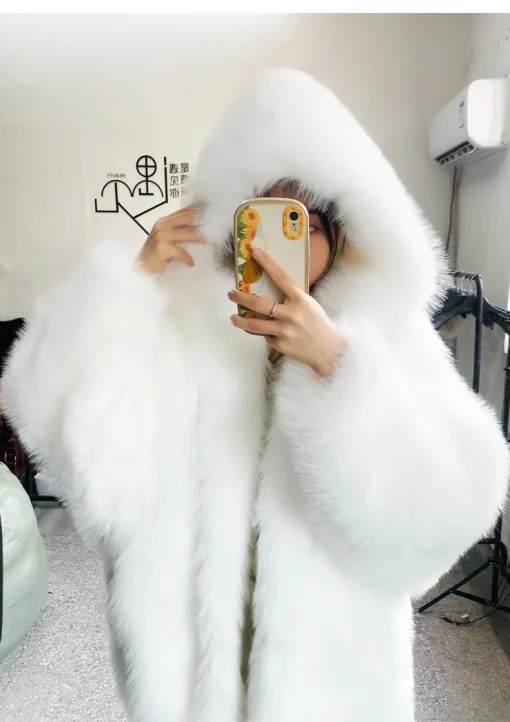 Nerazzurri Autumn Winter Oversized Faux Fur Coat | White & Black Shaggy Warm Jacket with Hood | Casual Loose Fluffy Outerwear for Women 2023 - Image 4