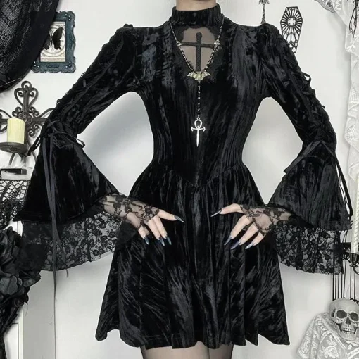 kf S6df52d8cf63841cfa593e258625e0ed9C Mall Goth Fairycore Gothic Dress Women Aesthetic Lace Patchwork Flare Sleeve High Waist Dress Halloween Dark