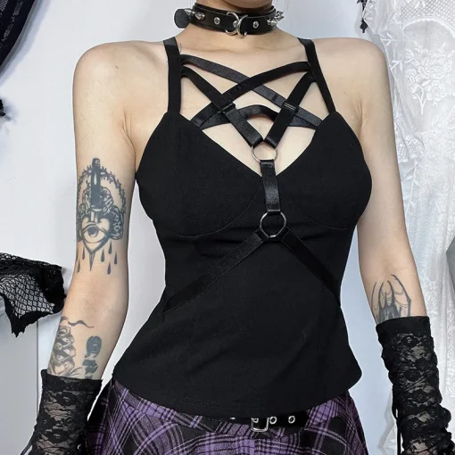 kf S6e21f491df194e08bc60268bf5dd5831V Street Spring 2024 New Spicy Girl Tank Top with Dark Style and Elegant Pentagram Basic Strap