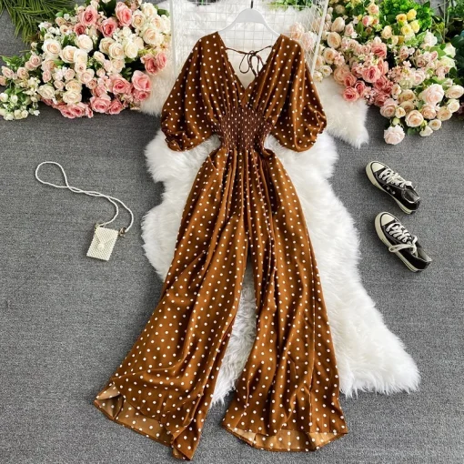 kf S6ee89f57d20f4df989a95b739d63ba712 V Neck Sexy Dolman Sleeves Waist Slim Polka Dot Print Jumpsuit Women Wide Leg Trousers Jumpsuit