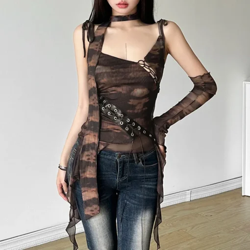 kf S7161075b86a74d46ace27b6a51b3a18dw Chic Women Tank Summer Mesh Thin Incline Shoulder Vintage Tassel Tie Irregular Slim Tops Girls Stunning