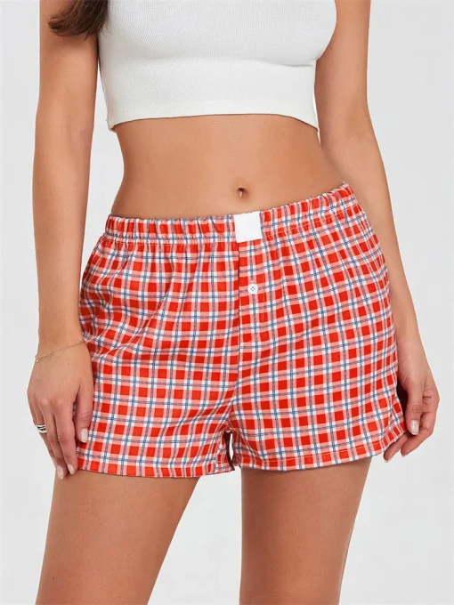 kf S7163398aebd94c02865c24902fa6494di Women s Summer Plaid Pajama Shorts Elastic Band Wide Leg Loose Fit Lounge Shorts Y2K Pajama