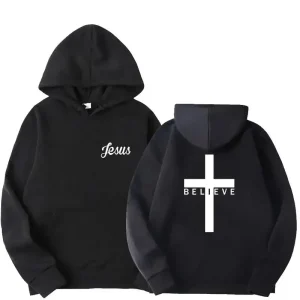 Men’s “Believe” Cross Jesus Print Hoodie | Faith-Inspired Streetwear