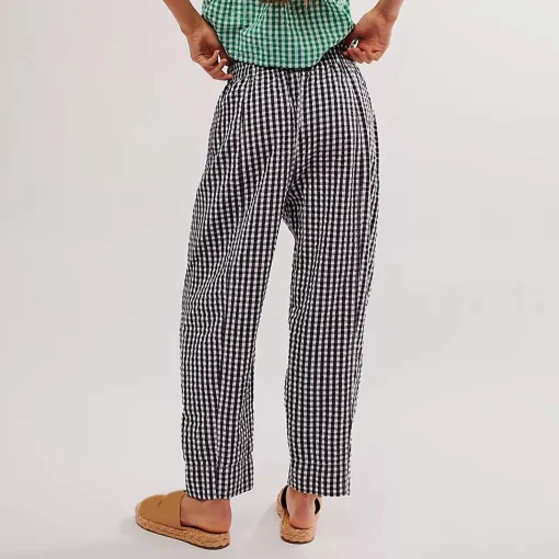 kf S72028eede5594e109b41bfa51be31905y Women s Spring Summer Baggy Pants Elastic Waistband Wide Leg Plaid Pants with 2 Pockets Gingham