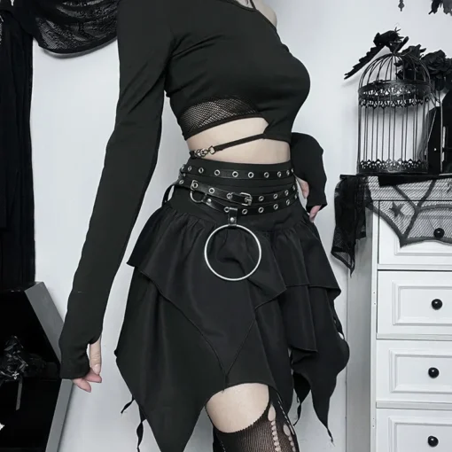 kf S725191e29799417a91b3d1c7c19e7b6bI Gothic Punk Irregular Skirts New Sexy Women Solid Color Drawstring Tie Up Ruched Ruffles Mini Skirt