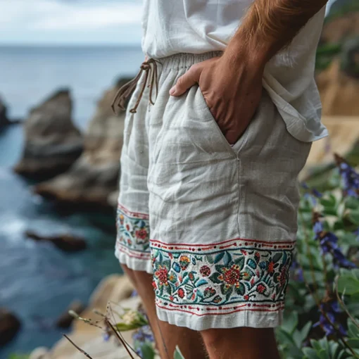 Men's Casual Shorts Summ Vintage Printing Linen Shorts Drawstring