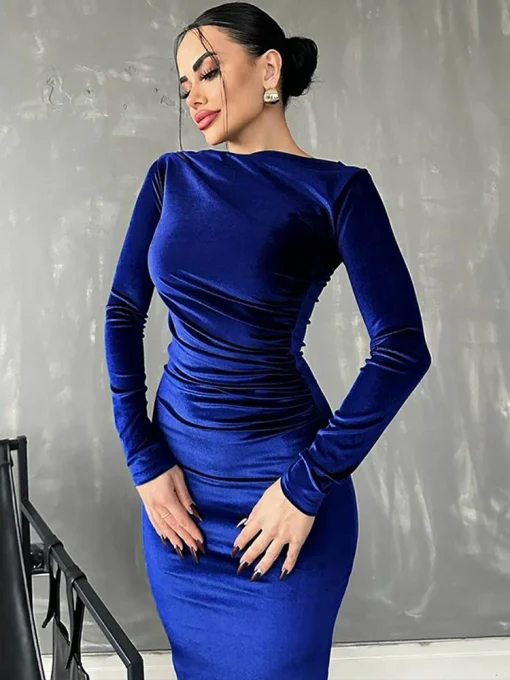 Velvet Long Sleeve Ruched Midi Dress – Spring/Summer 2024 - Image 3