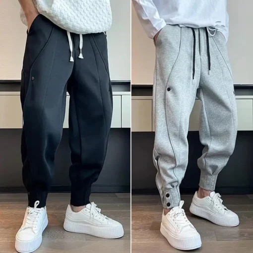 2023 Brand Men's Casual Sports Pants Fashion Bind feet Button Outdoors Men Elastic Zipper Bunched Foot Trousers - Image 2