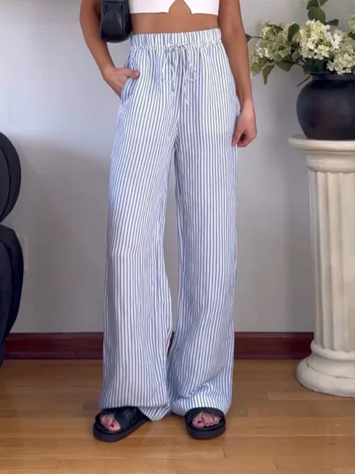 kf S73dfbf3e0f1441e8bd4b0cb4326ab8cbh Women Harajuku Loose Wide Leg Pants Casual Stripe Print Elastic Drawstring Trousers with Pockets Work Office