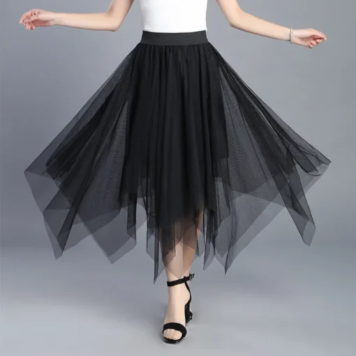 kf S745d9ec9b3ea4a8492466ae2a49c16b1x Spring Summer Vintage Tulle Skirt Women Elastic High Waist Mesh Skirts Long Pleated Tutu Skirt Female