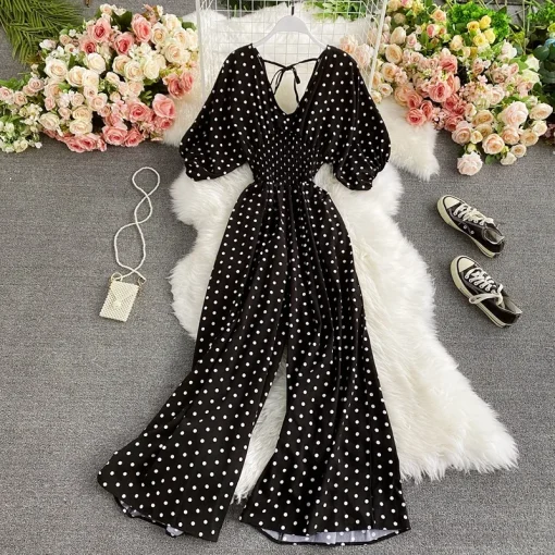 kf S74ef5622e02a48d986b95b0f013e52f6O V Neck Sexy Dolman Sleeves Waist Slim Polka Dot Print Jumpsuit Women Wide Leg Trousers Jumpsuit