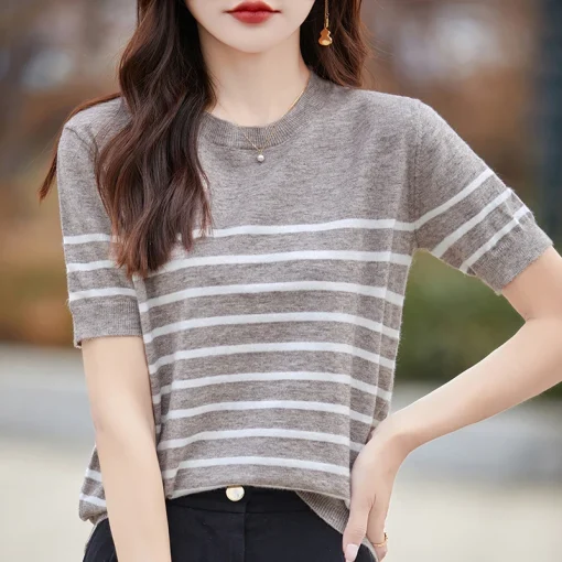 kf S74ff5854a2d24ec8ae247db1dd35c32aY Women s 100 Merino wool top round neck O neck striped sweater short sleeve T shirt