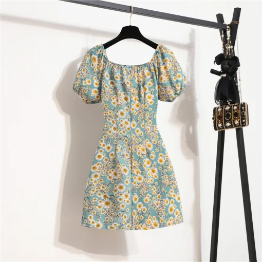 Floral Print Chiffon Mini Dress - Summer Casual with Puffy Sleeves - Image 4