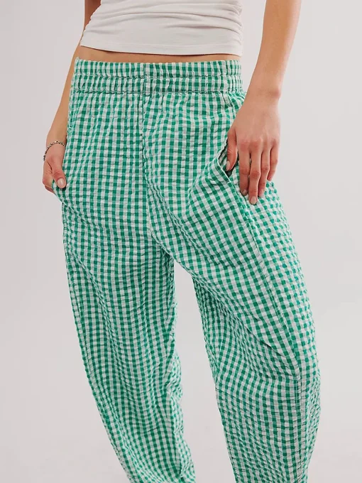 kf S75d6dfd52673451cb1c8573694ef82e5f Women s Spring Summer Baggy Pants Elastic Waistband Wide Leg Plaid Pants with 2 Pockets Gingham