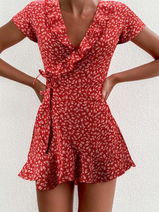 Floral A-line Dress for Women – Sweet & Elegant V-neck, Ruffled Bandage Mini Dress, Summer 2022