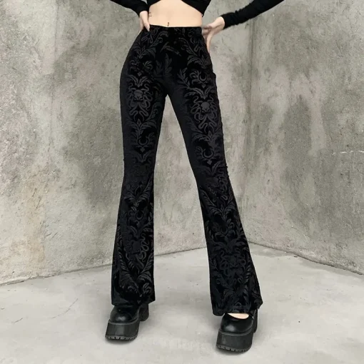 kf S7657392c9d704557b5a3caf38b874786W Vintage Floral Scratched Gothic Pants Velvet High Waist Skinny Flare Trousers For Women Autumn Winter Streetwear