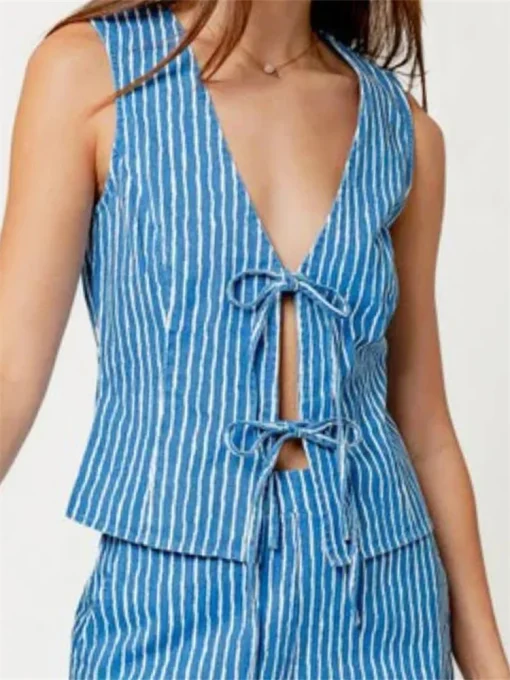 kf S76ab299568c641058ce7287f130729afo Women s Fashion Striped Vest Sleeveless Deep V Neck Bow Tie Front Striped Vest Summer Chic