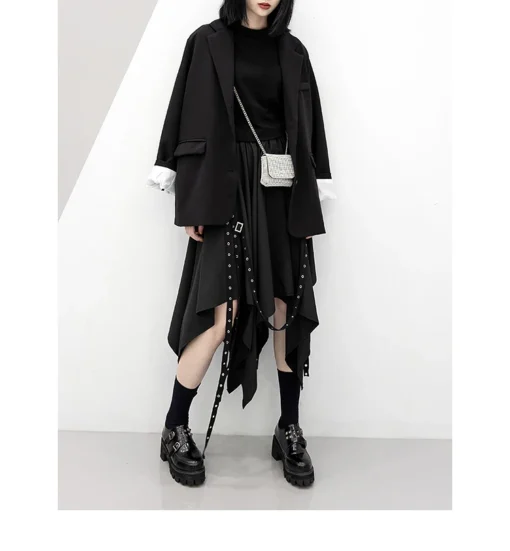 kf S76b8246e677d41f0a4fdab27d1f3d28ej Long Skirt Irregular Skirt Girl s New Dark Tie Street Punk Wind Weave Buckle Medium length