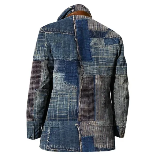 kf S77f27683439d46f487fda0d84d3ceda96 Patchwork Design Men Jacket Vintage Fleece Blazer Double Layer Lapel Leather Collar Medium Length Coats Grid