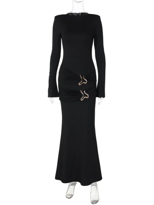 Elegant Autumn Black Maxi Dress for Women – Pleated High-Waist Design - Image 6