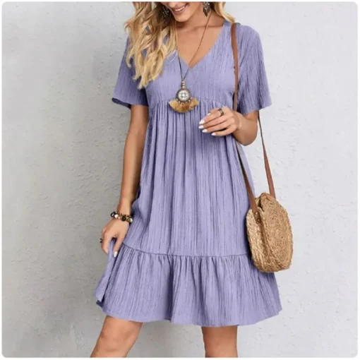 Women’s Summer Peplum Dress – V-Neck Short Sleeve Fit & Flare Ruffle Beach Dress - Image 3