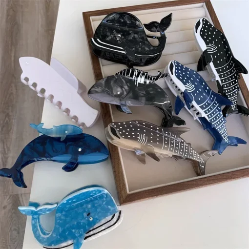 kf S7942e5eab8e5476a96bbdba89d6997f5W 2023 New Design Cartoon Marine Shark Hair Clips Cute Blue Whale Acetate Hair Claw Hair Tiara