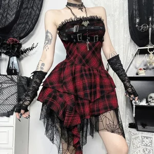 Women’s Gothic Design Dress 2024 Sweetheart Corset Spice Strapless Dark Irregular Patchwork Hem Plaid Long Dress