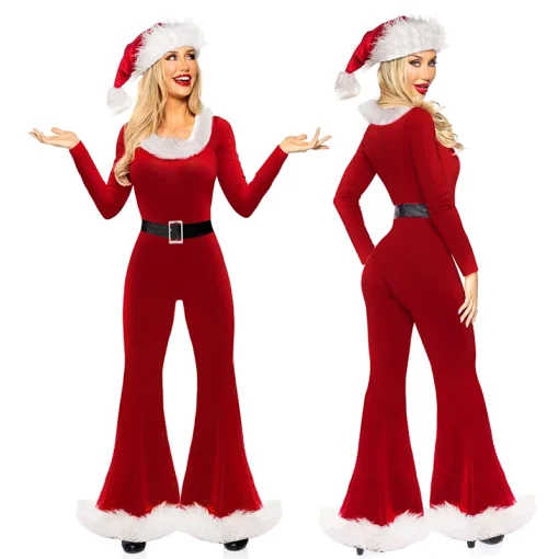 Women’s Red Christmas Costume – Cute Long Sleeve Flared Jumpsuit & Santa Hat Set for Cosplay - Image 2