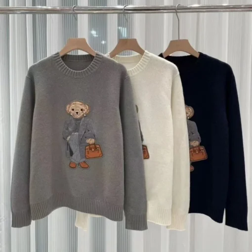 2024 Women’s Ralph Lauren Bear Cashmere Pullover – Stylish Loose Fit, O-Neck, Animal Embroidery Sweater - Image 2