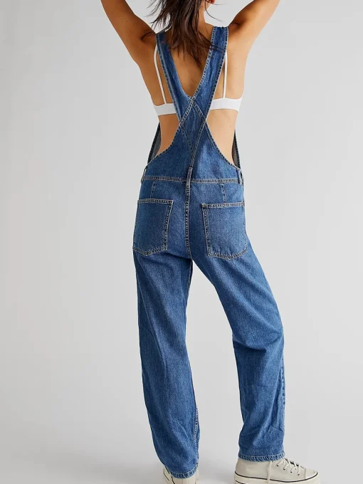 Women’s Vintage Denim Jumpsuit – Casual Spaghetti Strap Wide-Leg Romper with Pockets - Image 2