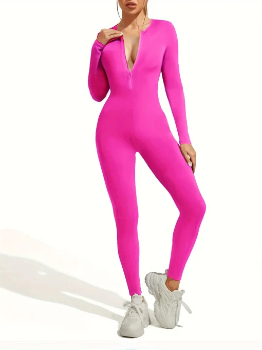 Women’s Sexy Ribbed Zipper Bodysuit – Long Sleeve Bodycon Jumpsuit for Fall/Winter - Image 2