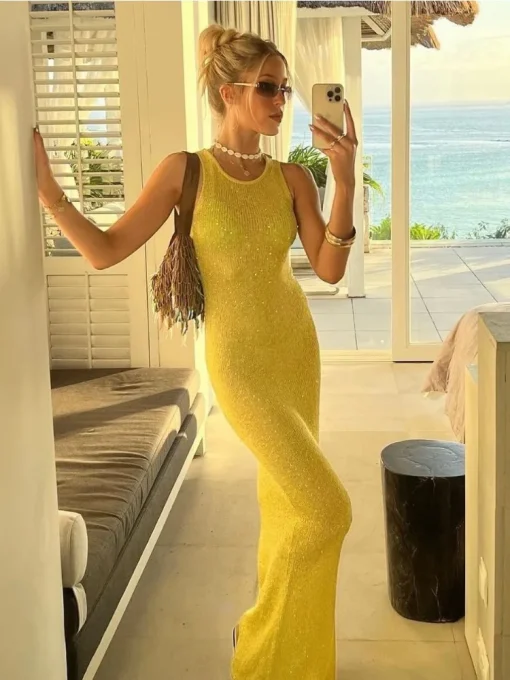 kf S7e35a02372c74286baec1a1c1c54bdb2K Tossy See Through Fashion Sleeveless Maxi Dress Female Casual Sequin Slim High Waist Streetwear Vest Clothes