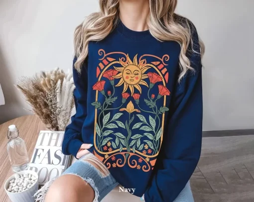 Vintage Cartoon Floral Sun Printed Sweatshirt for Women | Stylish Medieval-Inspired Casual Top