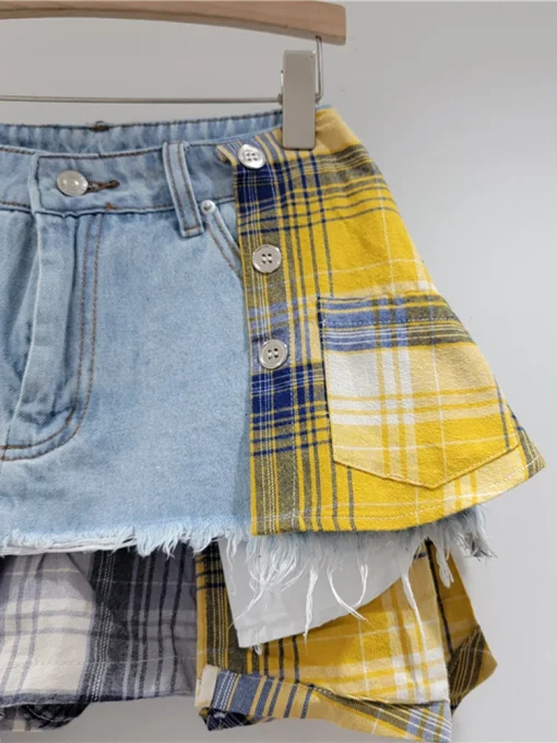 DEAT Women's Denim Skirt Colored Plaid Patchwork Irregular Deconstructed A-line High Waist Mini Skirt 2024 Autumn New Fashion - Image 4