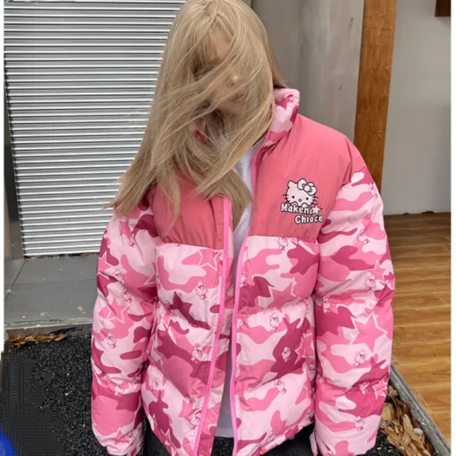 Hello Kitty Winter Cotton Padded Jacket – Y2K Sanrio Loose Jacket, Camouflage Trendy Coat, Couple Gifts