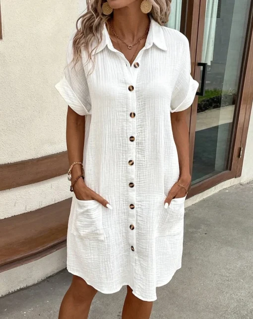 Vintage Cotton Linen V-Neck Mini Dress with Pockets - Casual Summer Style