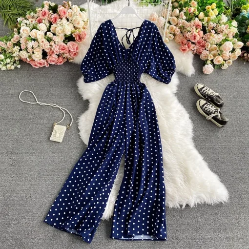 kf S8015accccc52424893e75afde9929aefE V Neck Sexy Dolman Sleeves Waist Slim Polka Dot Print Jumpsuit Women Wide Leg Trousers Jumpsuit