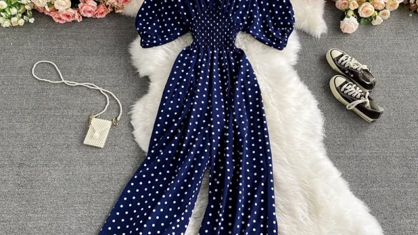 kf S8015accccc52424893e75afde9929aefE V Neck Sexy Dolman Sleeves Waist Slim Polka Dot Print Jumpsuit Women Wide Leg Trousers Jumpsuit