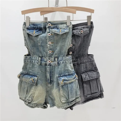 kf S8018a674162542b4a87ad0ea2bd668a2s EWQ European Trend Women Single Breasted Hollow Waist Strapless Gray Denim Jumpsuit Clothing Wide Leg