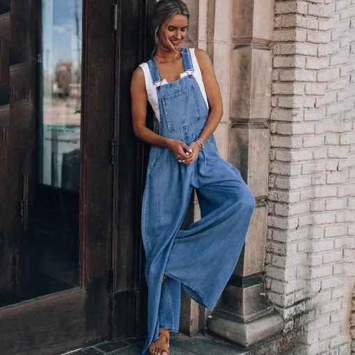 Summer Women's Blue Denim Jumpsuit – Loose Wide-Leg High-Waist Overalls with Pockets - Image 3