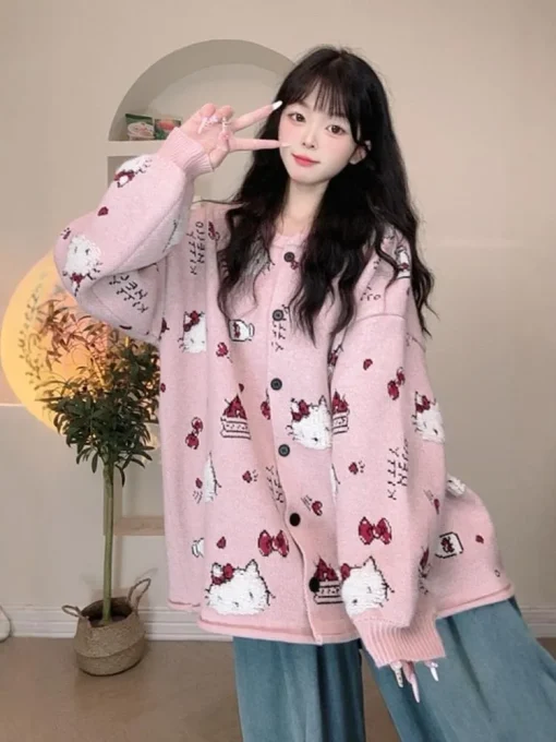 Sanrio Pink Hello Kitty Cardigan Sweater – Sweet & Cute Spring/Autumn Loose Kawaii Coat for Women - Image 4