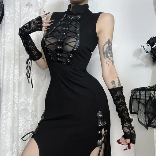 kf S80cb4aeb55034ff889e154f22b99e539Z Gothic Black High Slit Bandage Bodycon Party Dresses Sexy Vintage Lace See Through Sleeveless Long Dress