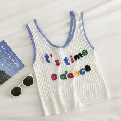 kf S80d506df1f59498c8bb8c8dcdbf3db98D Ribbed Tank Top Crop Top Women s Short Cute Graphic Knit Kawaii T Shirts Vest Summer